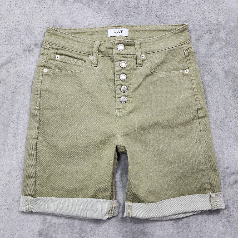 OAT New York Shorts Womens 28 Green High Rise Bermuda Button Fly Denim Stretch
